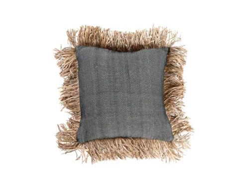 Kussenhoes Sony Naturel 40x40 cm met zwart-witte stippen en raffiafranjes, natuurlijke uitstraling