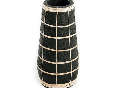 Vaas Klannes Rotan Naturel H31 cm, zwarte terracotta vaas met naturel rotan accenten