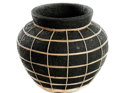 Buikvaas Flussar rotan naturel, zwarte terracotta buikvorm met compact decoratief design, H27 cm