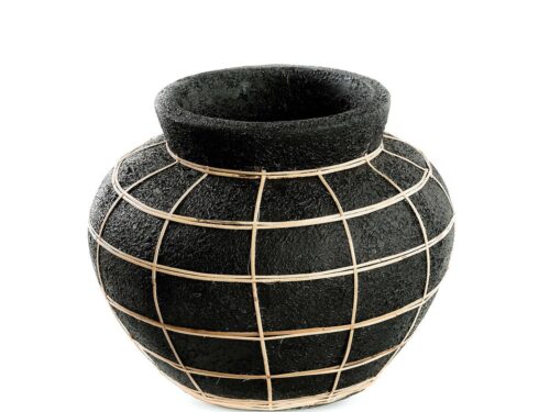 Buikvaas Flaantu Rotan Zwart, ronde terracotta vaas met rotan detail voor droogbloemen