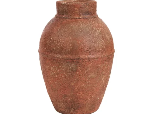 Braulvang terracotta vaas met handgevormde amfoorvorm en stoere, rustieke afwerking