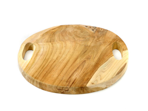 Dienblad Cumaro Teak Naturel, rond massief teakhout met handgrepen en natuurlijke houtnerf