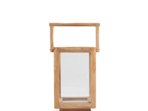 Windlicht Roskes Teak Naturel, hoog rechthoekig windlicht van gerecycled teak met handvat en glazen inzet
