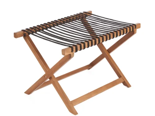 Bagagerek Pasea Teak van naturel teakhout met opvouwbaar frame en zwarte banden voor een koffer