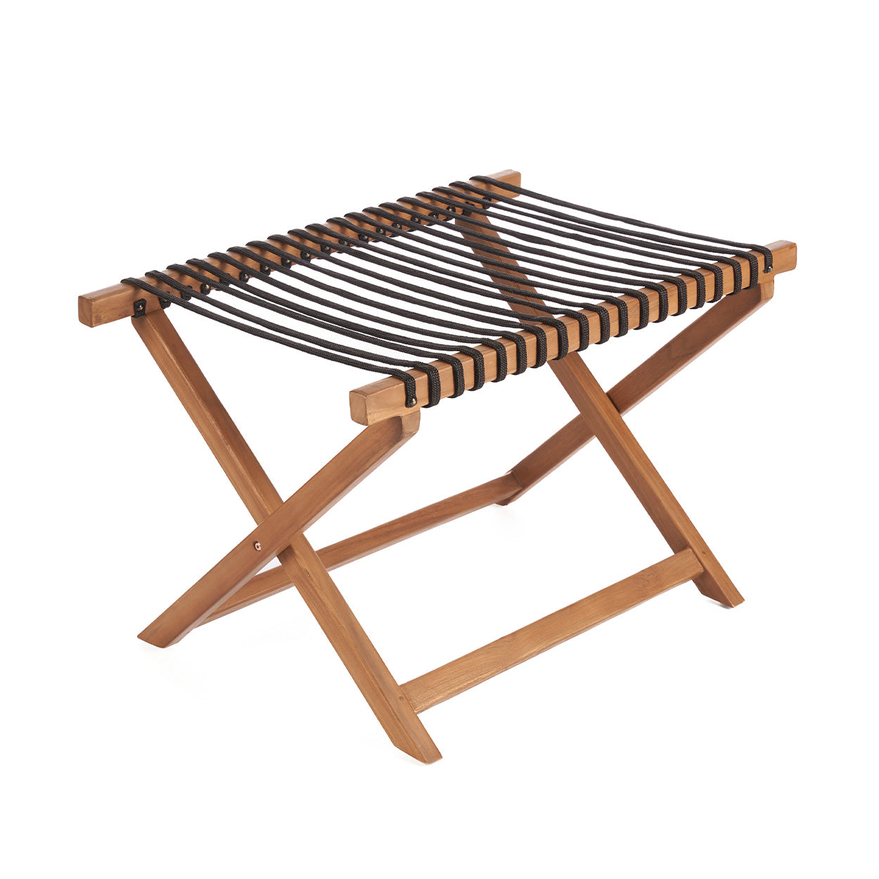 Bagagerek Pasea Teak van naturel teakhout met opvouwbaar frame en zwarte banden voor een koffer