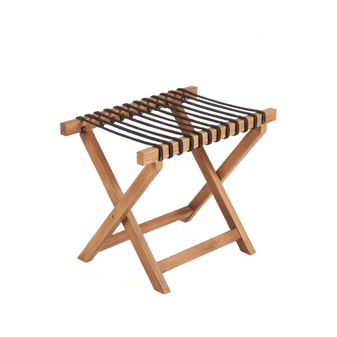 Bagagerek Zire Teak van natuurlijk teakhout met vouwbaar design en zwart geweven banden