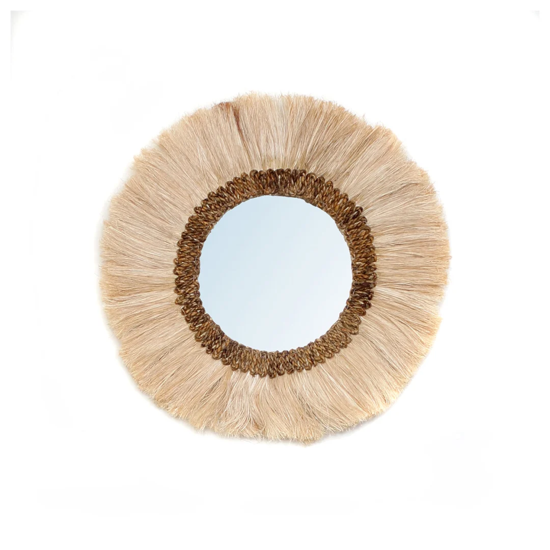 Spiegel Curmella Naturel Ø26 cm met gevlochten grasrand en compact spiegelglas