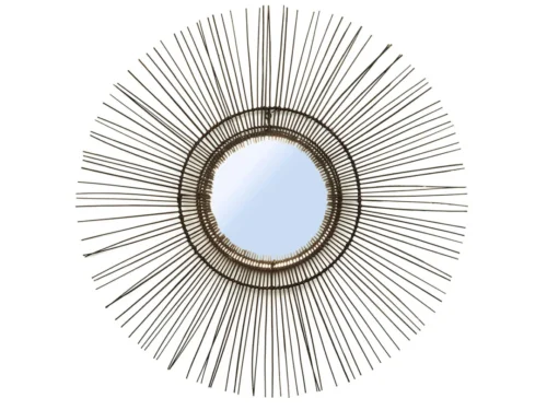 Spiegel Russona Zwart, ronde rotan spiegel met zwarte afwerking en speelse zonnestralen, 90 x 90 cm