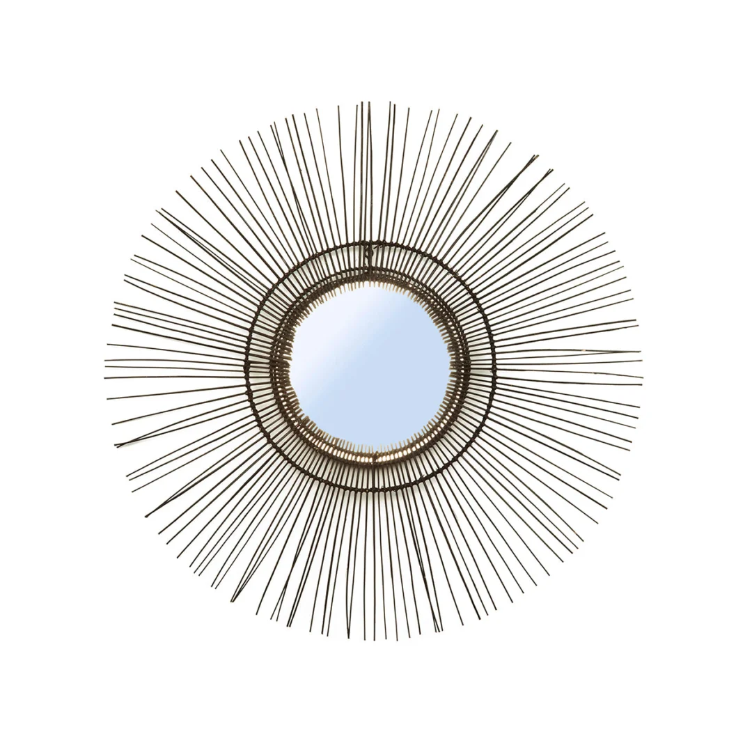 Spiegel Russona Zwart, ronde rotan spiegel met zwarte afwerking en speelse zonnestralen, 90 x 90 cm