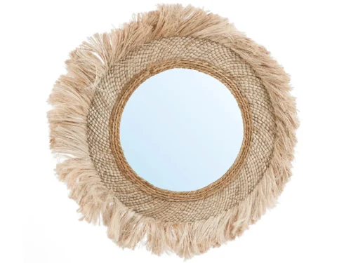 Spiegel Joosea Naturel Ø41,5 cm met gevlochten gras en franjes, ronde wandspiegel in warme naturel tinten