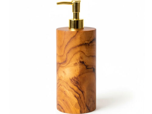 Sliendon teak naturel zeepdispenser met gouden pomp, handgemaakt en warm houtnerfdesign
