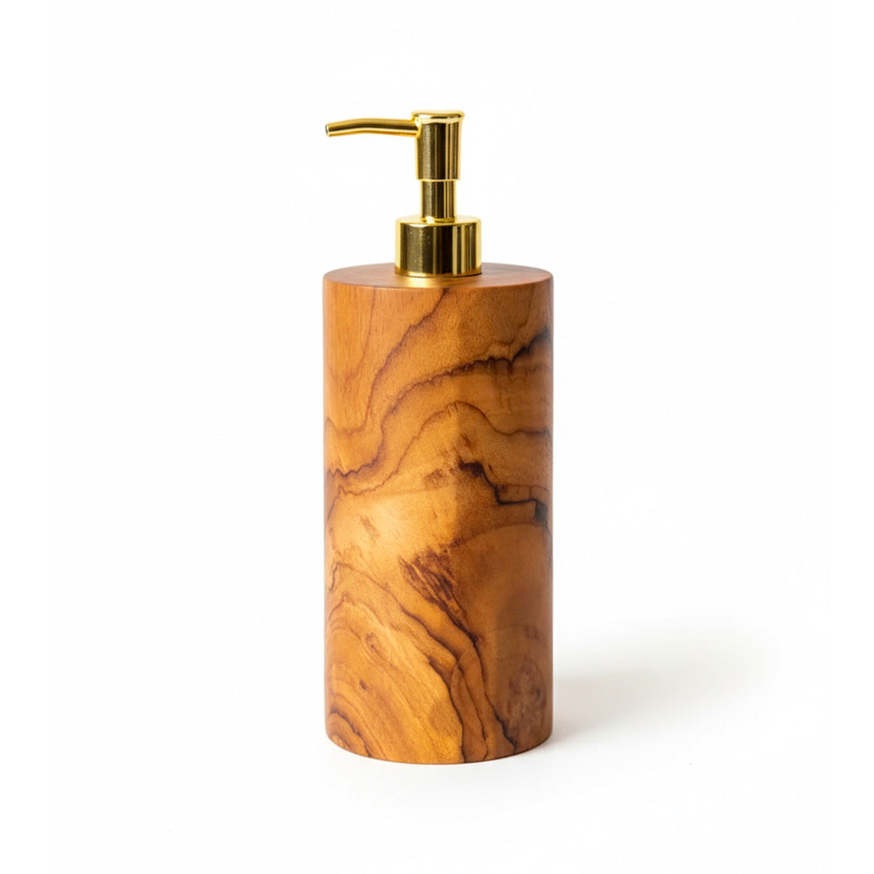 Sliendon teak naturel zeepdispenser met gouden pomp, handgemaakt en warm houtnerfdesign