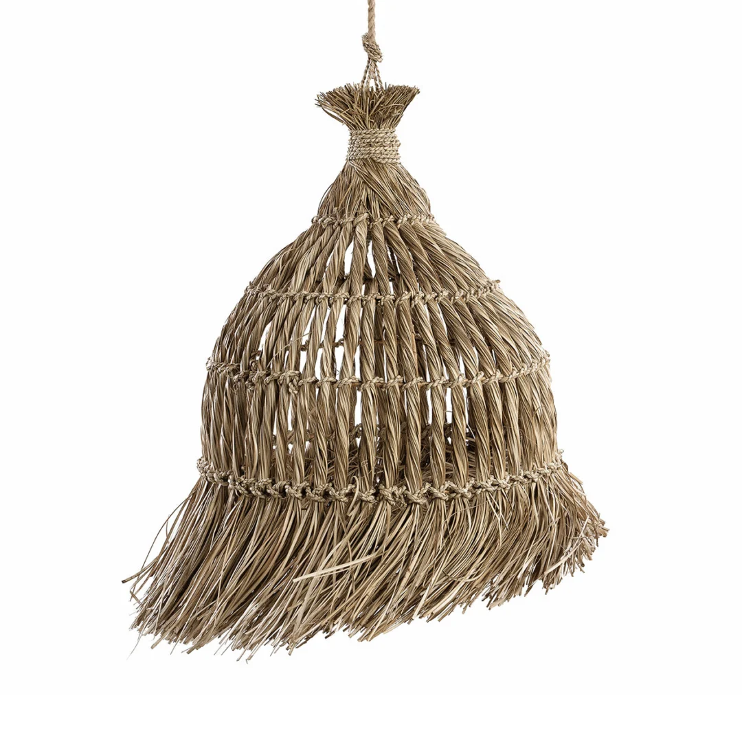 Hanglamp Heeba Naturel van mendonggras, gevlochten naturel design met royale speelse vorm