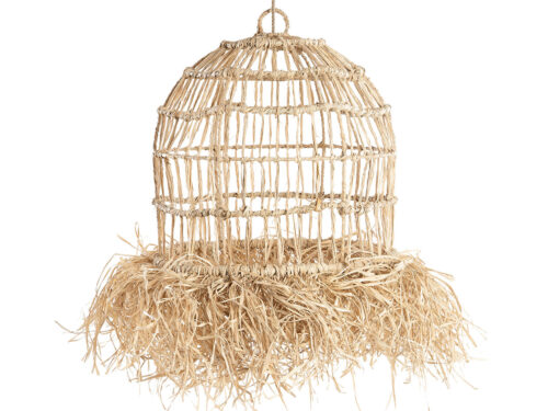 Hanglamp Rokil Naturel van handgevlochten gras met luchtig design en lange franjes
