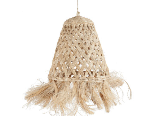 Kwalhanger Voorund Naturel hanglamp van abacagras met handgeweven, gelaagde vorm en speelse franjes