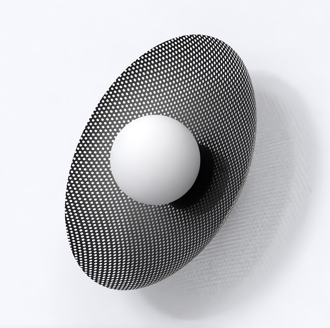 Tonella wandlamp zwart Ø10 cm met geperforeerde kap en witte bol, modern en sfeervol