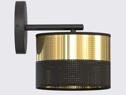 Wandlamp Geltane zwart Ø20 cm met goudkleurige stoffen kap en moderne, compacte uitstraling