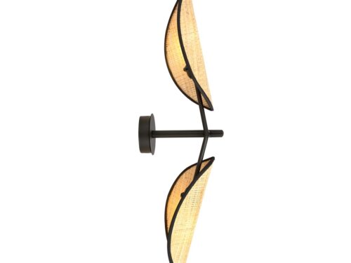 Wandlamp Thisted zwart met bruine rotan kap, boho stijl en warme lichtuitstraling
