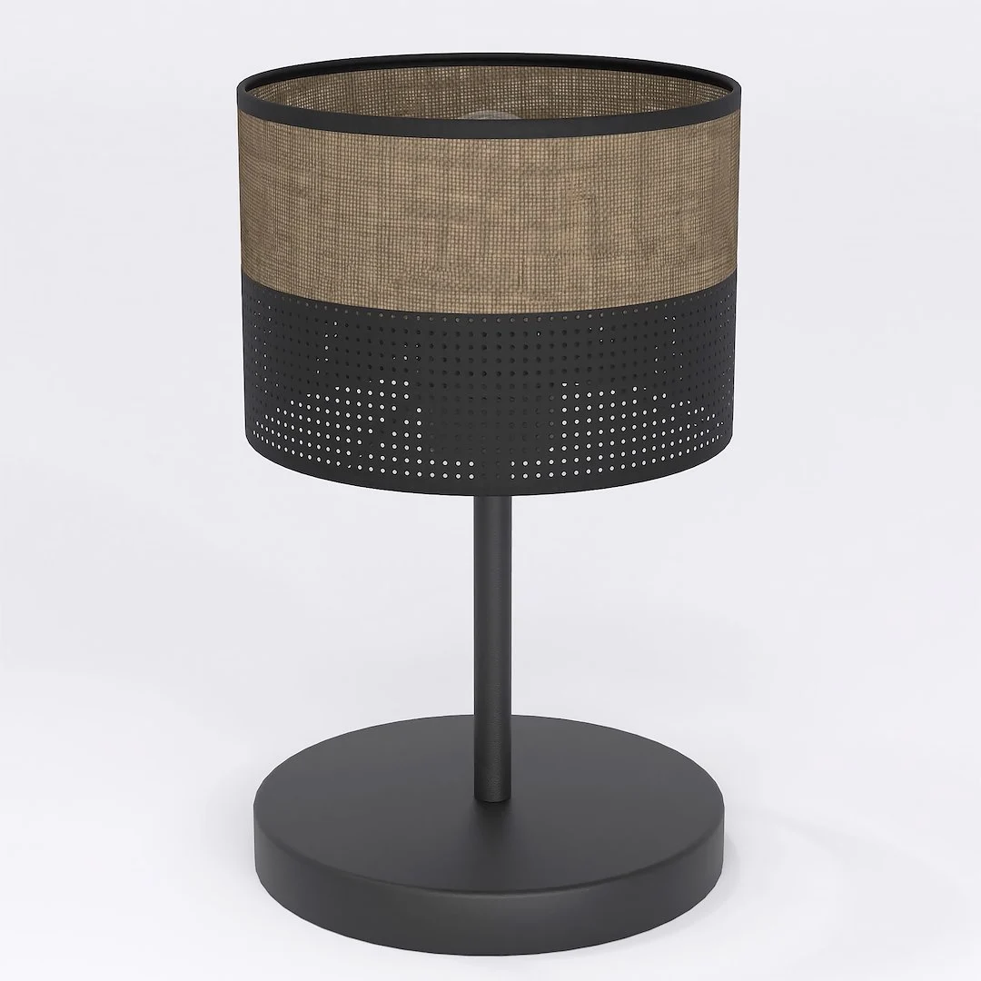 Tafellamp Kiensol Zwart Ø20 cm met bruine stoffen kap en minimalistische zwarte voet