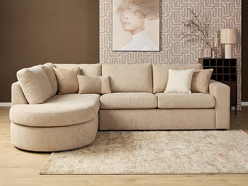 Beige Alma hoekbank in polyester met ronde chaise longue en zachte, ruime zit