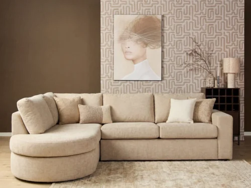 Beige Alma hoekbank in polyester met ronde chaise longue en zachte, ruime zit