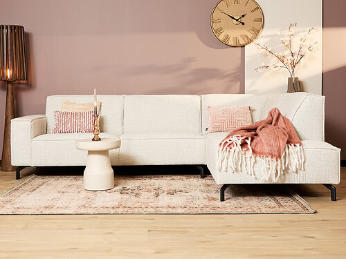 Bank Kaundand Beige hoekbank in grijsbeige met divan rechts, strakke lijnen en comfortabele stoffering