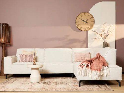 Bank Kaundand Beige hoekbank in grijsbeige met divan rechts, strakke lijnen en comfortabele stoffering