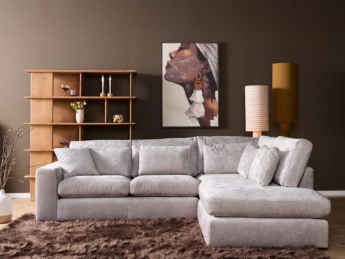 Bank Slootil Polyester Beige hoekbank met zachte bekleding, royale chaise longue en losse sierkussens