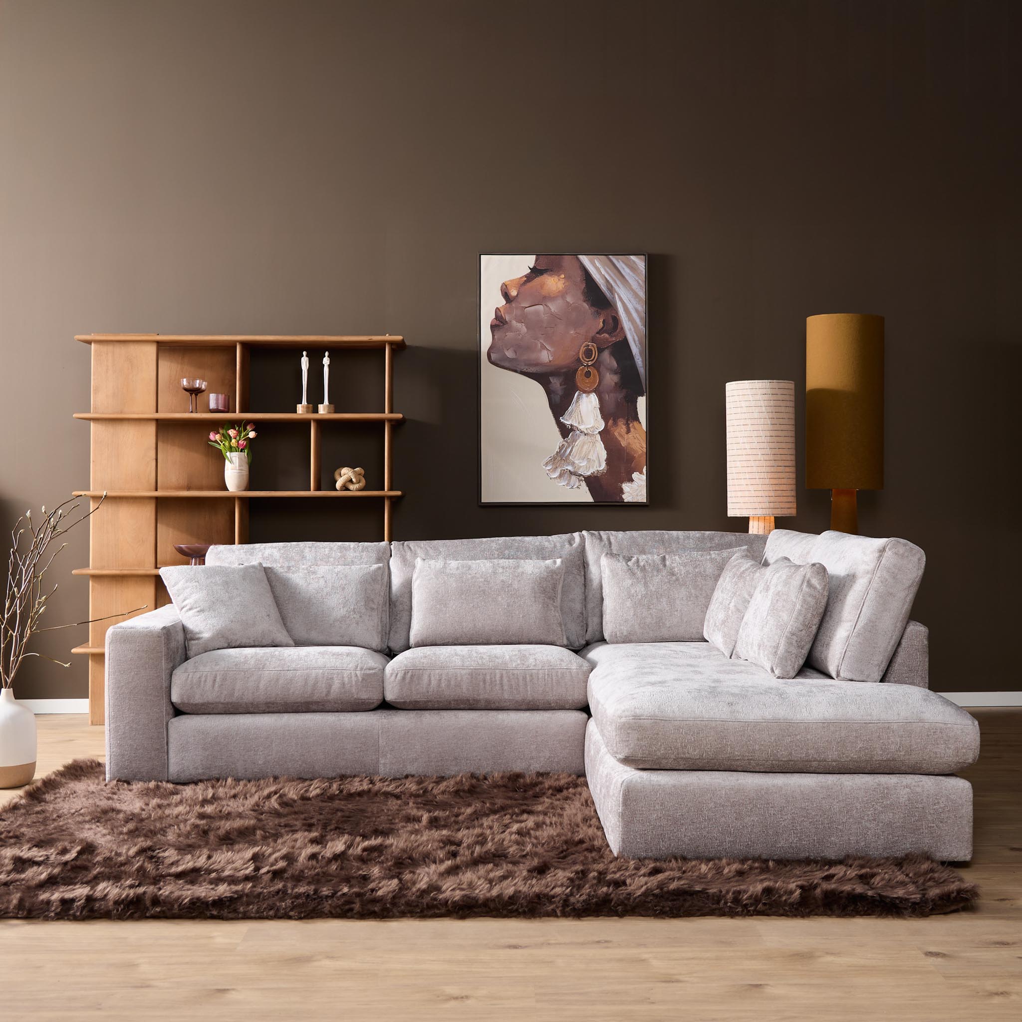 Bank Slootil Polyester Beige hoekbank met zachte bekleding, royale chaise longue en losse sierkussens