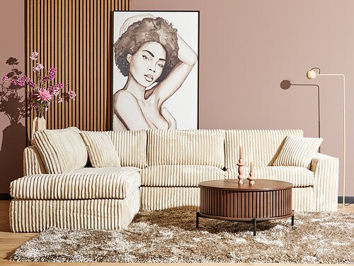 Bank Treidar Teddy beige hoekbank in brede ribstof, met zachte kussens en moderne woonkamerstijl