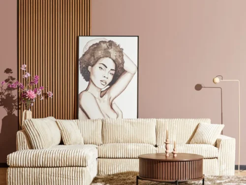 Bank Treidar Teddy beige hoekbank in brede ribstof, met zachte kussens en moderne woonkamerstijl