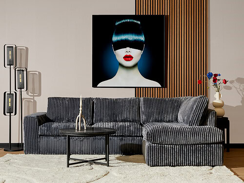 Bank Noonses Teddy antraciet hoekbank met zachte ribstof en royale chaise longue in modern interieur