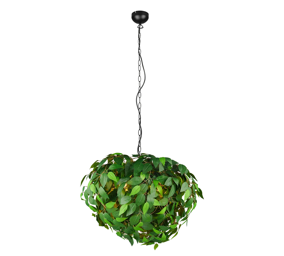Hanglamp Gonsine mat zwart Ø70 cm met groene kunststof bladeren en verstelbare ophanging