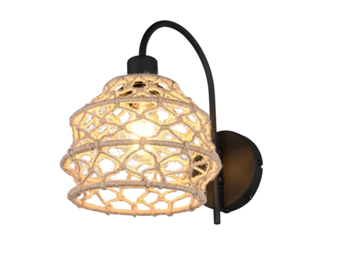 Wandlamp Faulel matzwart met Ø20 cm hennep kap en warme sfeerverlichting