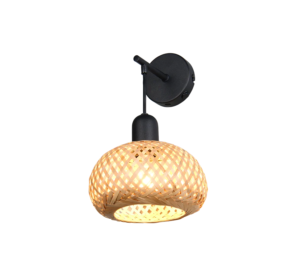 Wandlamp Trielvio matzwart met bamboe lampenkap, E27 en ingebouwde schakelaar, Ø18 cm
