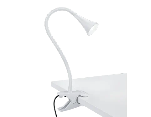 Witte Klemlamp Haudin met flexibele arm en LED, vastgeklemd aan een tafelrand voor gericht licht
