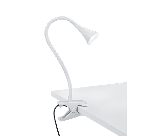 Witte Klemlamp Haudin met flexibele arm en LED, vastgeklemd aan een tafelrand voor gericht licht