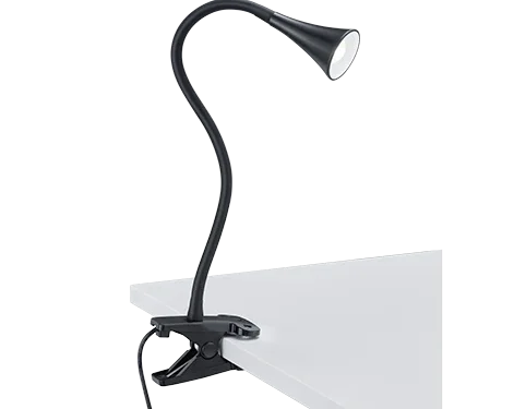 Klemlamp Cukine Zwart met flexibele hals en geïntegreerde LED, geklemd op een tafel voor gericht warm licht