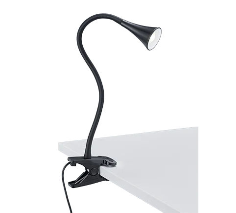 Klemlamp Cukine Zwart met flexibele hals en geïntegreerde LED, geklemd op een tafel voor gericht warm licht