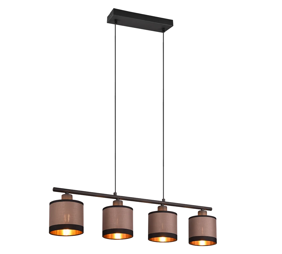 Hanglamp Caltero matzwart met vier taupe cilinderkappen, modern en in hoogte verstelbaar