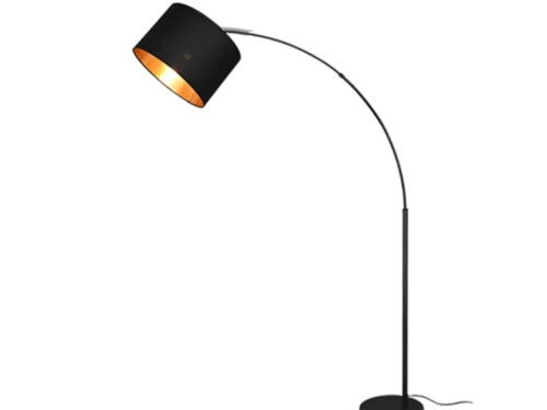 Vloerlamp Dantin matzwart met gebogen arm en zwart-gouden kap, 171 cm hoog