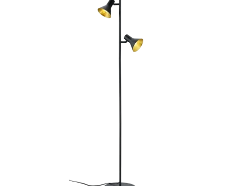 Vloerlamp Punsek zwart H144 cm met twee verstelbare goudkleurige lampenkappen en slank metalen ontwerp