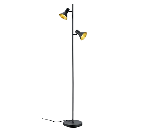Vloerlamp Punsek zwart H144 cm met twee verstelbare goudkleurige lampenkappen en slank metalen ontwerp