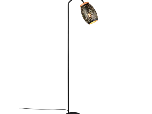 Vloerlamp Skooresta zwart-goud, slank metalen ontwerp met geperforeerde kap en voetschakelaar, 147 cm hoog