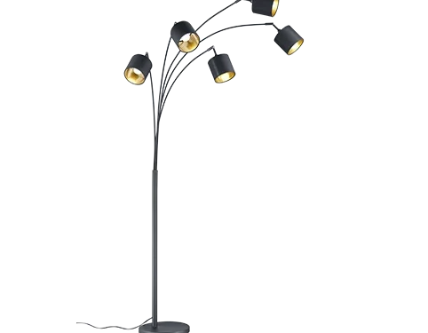 Vloerlamp Slordund mat zwart H200 cm met vijf verstelbare kapjes en goudkleurige binnenzijde