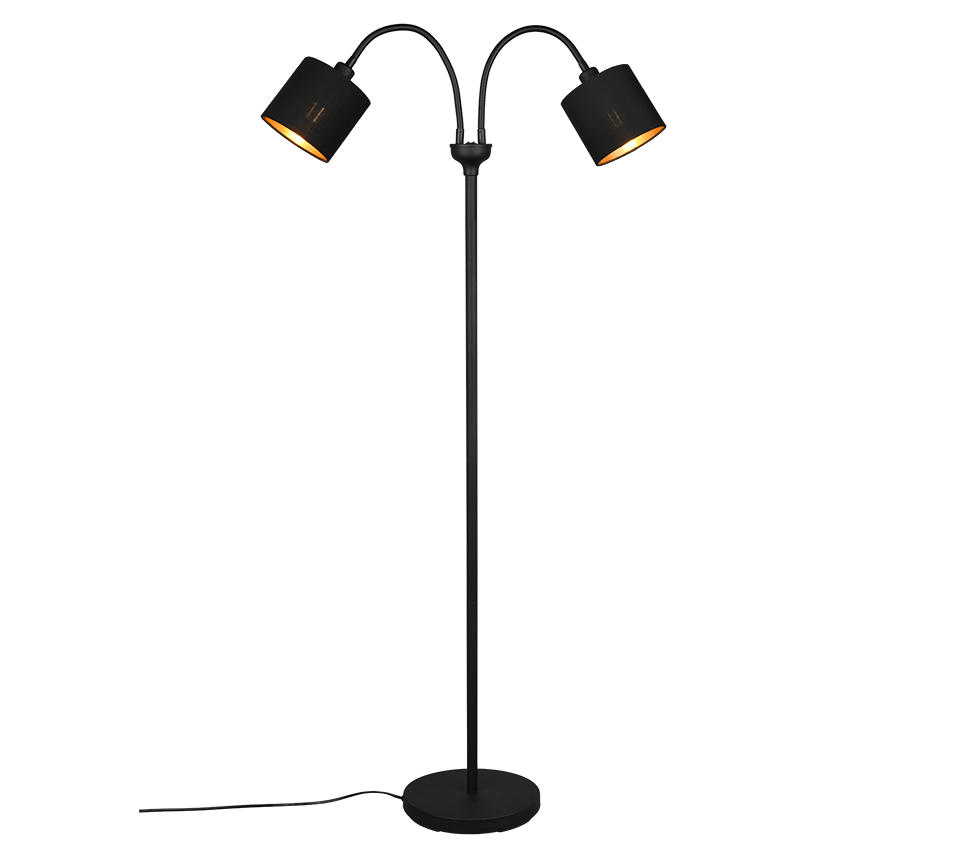 Trirang vloerlamp mat zwart H130 cm met twee verstelbare kapjes en warme gouden binnenkant
