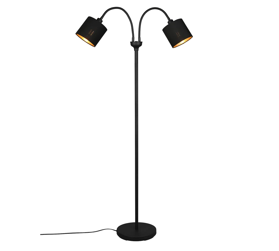 Trirang vloerlamp mat zwart H130 cm met twee verstelbare kapjes en warme gouden binnenkant