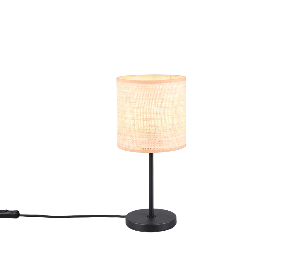 Tafellamp Trarmena mat zwart met zeegras lampenkap en snoerschakelaar, H37 cm