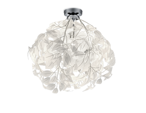 Plafondlamp Toovir chroom Ø38 cm met witte bladdecoratie en moderne, luchtige uitstraling