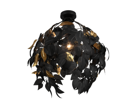 Plafondlamp Reilta mat zwart Ø38 cm met zwart-gouden bladeren en moderne uitstraling